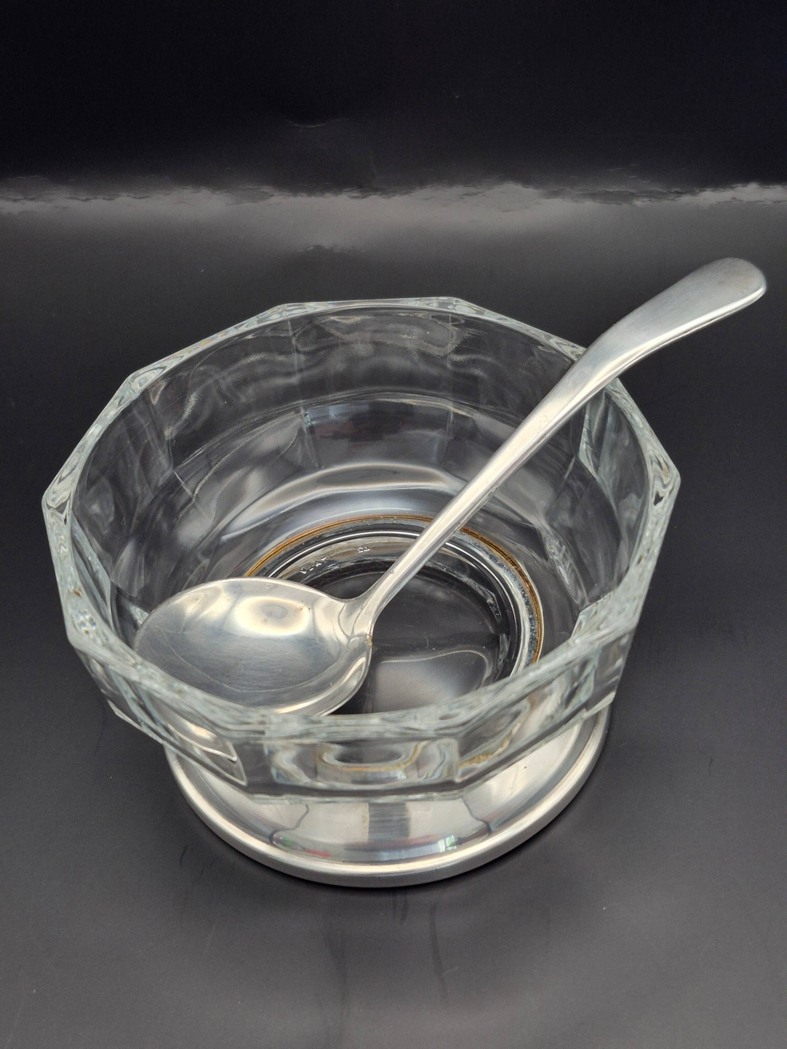 Art Deco thick crystal/glass bowl, silver-plated metal pedestal.