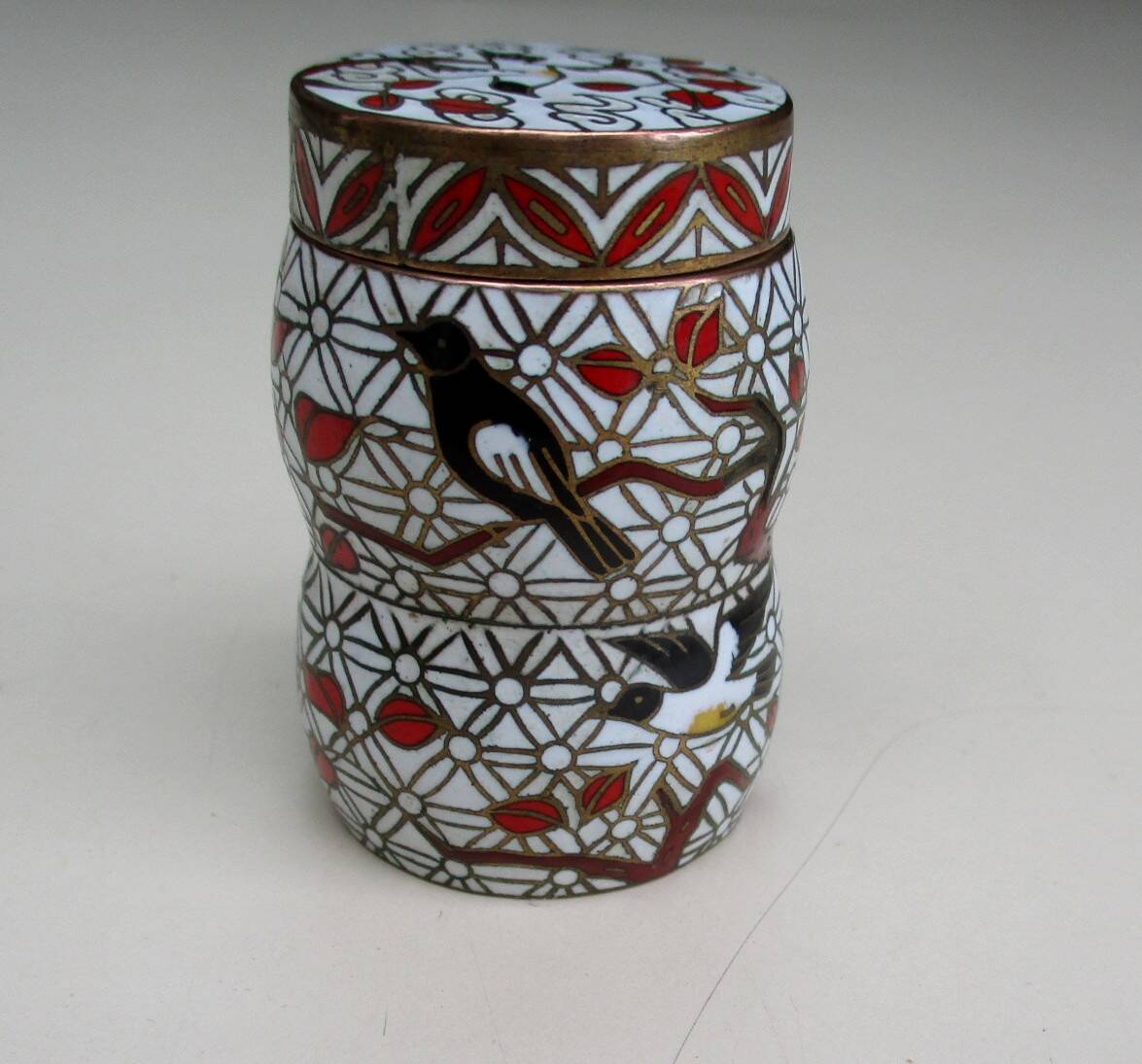 Tall cloisonné enamel box decorated with birds