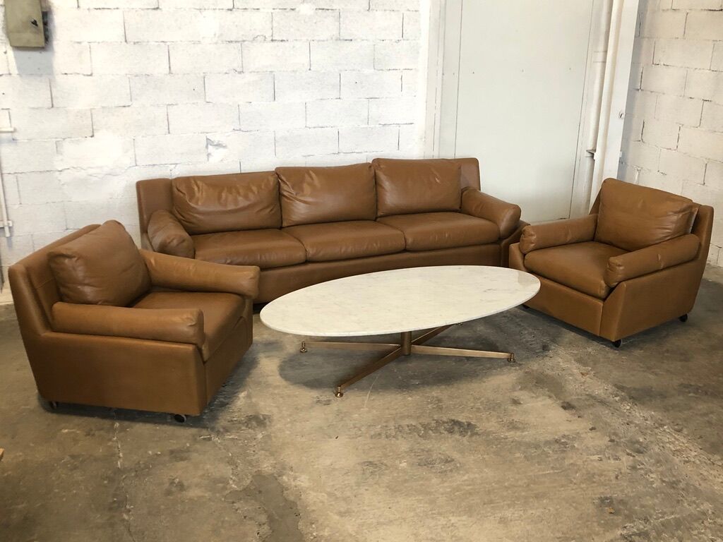Vintage leather living room set by Edelhard Harlis for Mobilier International, California 1955