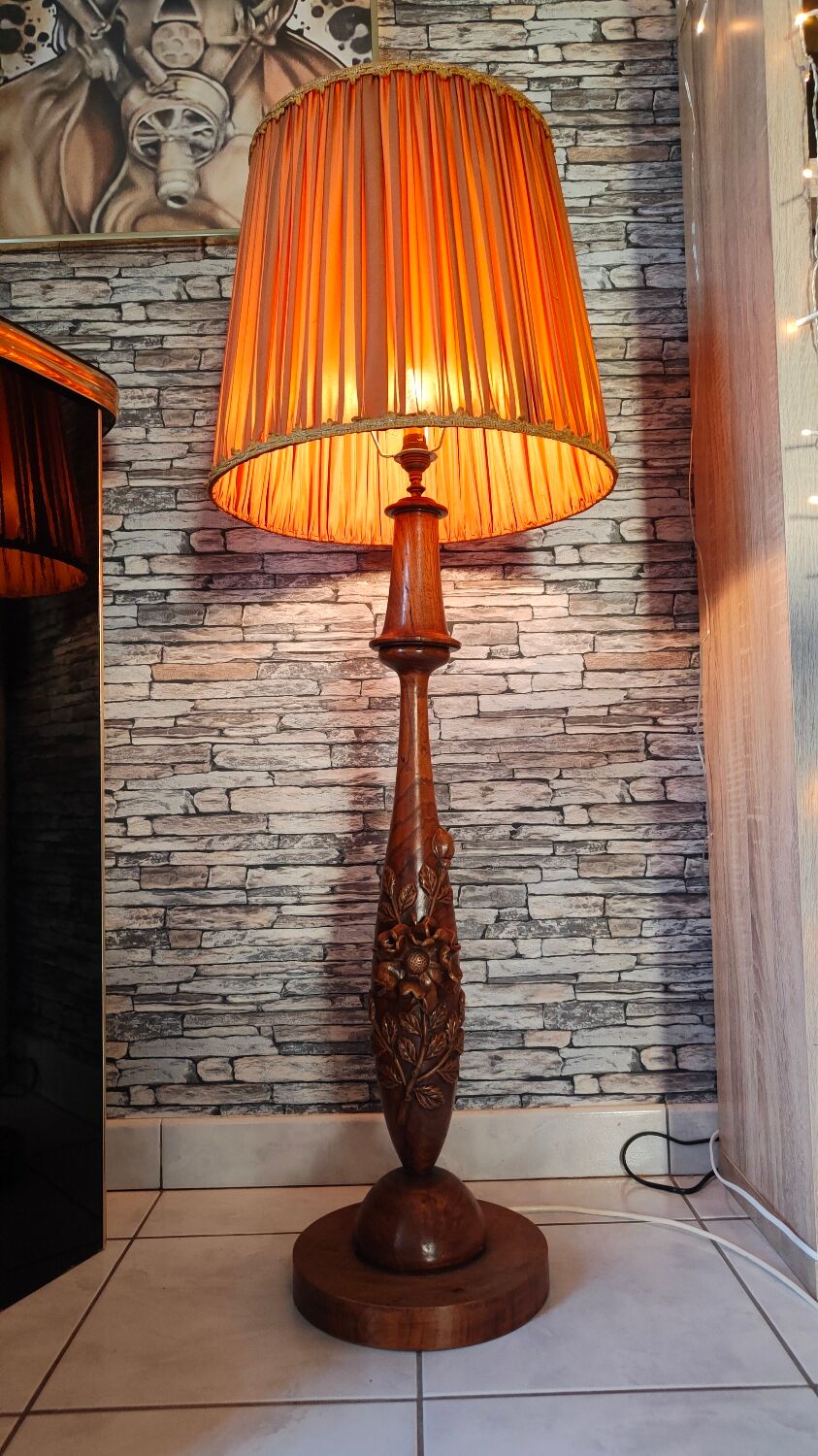 Large carved floral wooden lamp 1960
