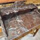 Ancienne console de toilette en merisier avec marbre