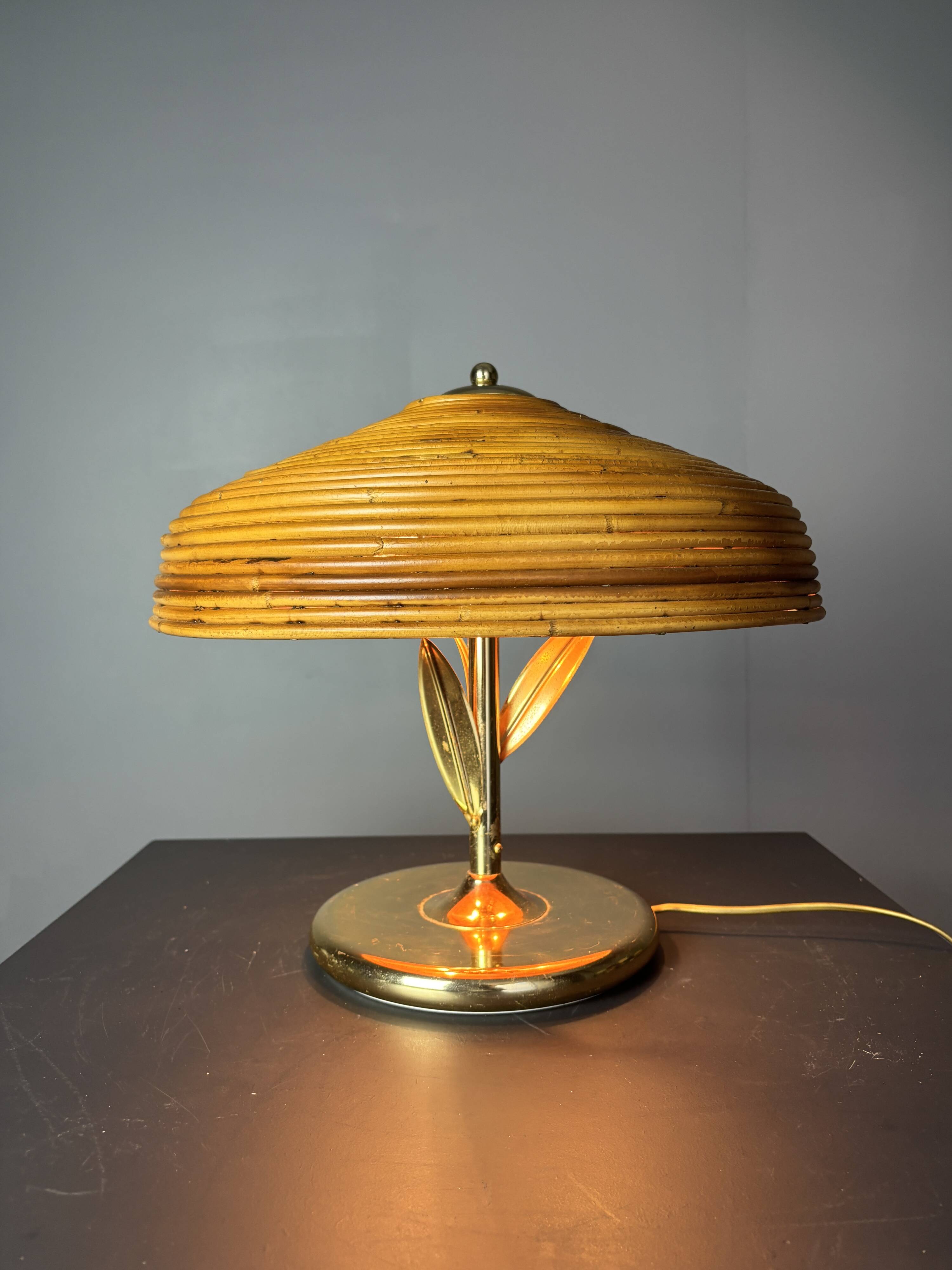 Pencil reed rattan bamboo and brass flower table desk lamp, Italy, 1980s