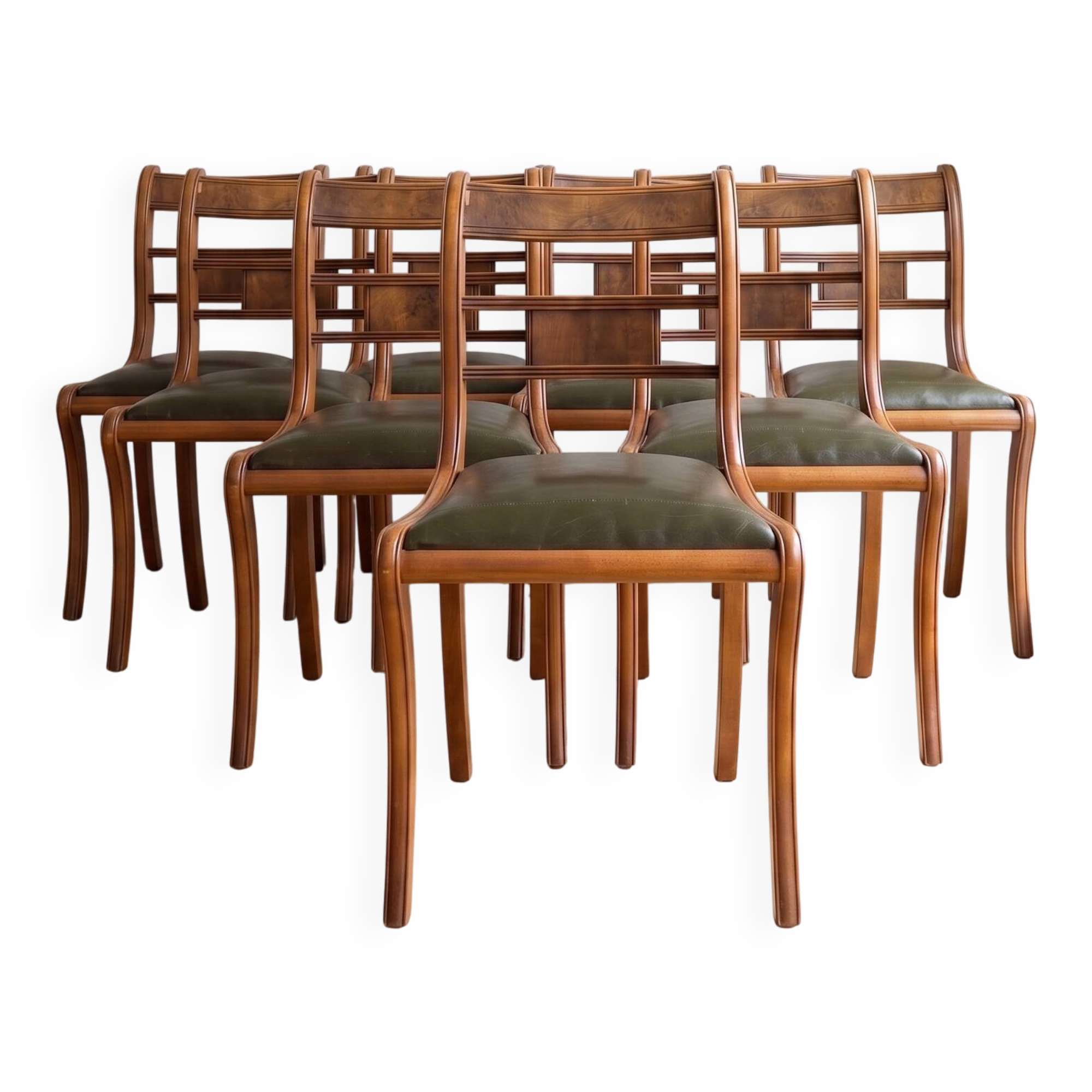 Set of 14 vintage chairs in solid wood and green leather.