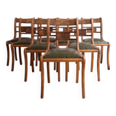 Set of 14 vintage chairs in solid wood and green leather.