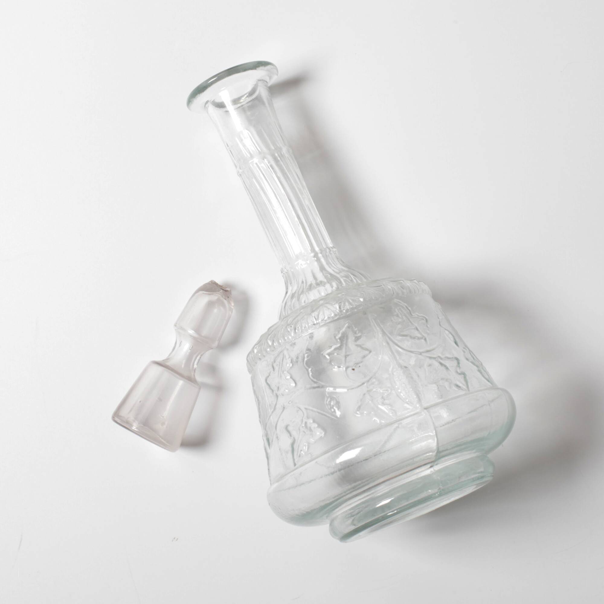 Clear Pressed Glass Floral Patterned Wine Bottle with Stopper / Italy /1930