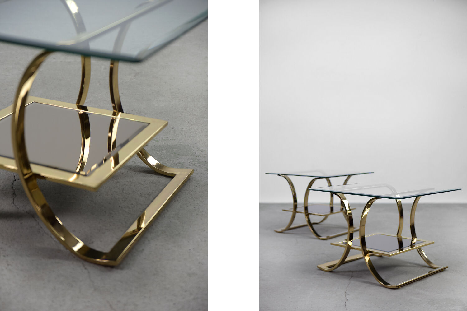 Tables basses italiennes vintage en or et verre, années 1960, Ensemble de 2