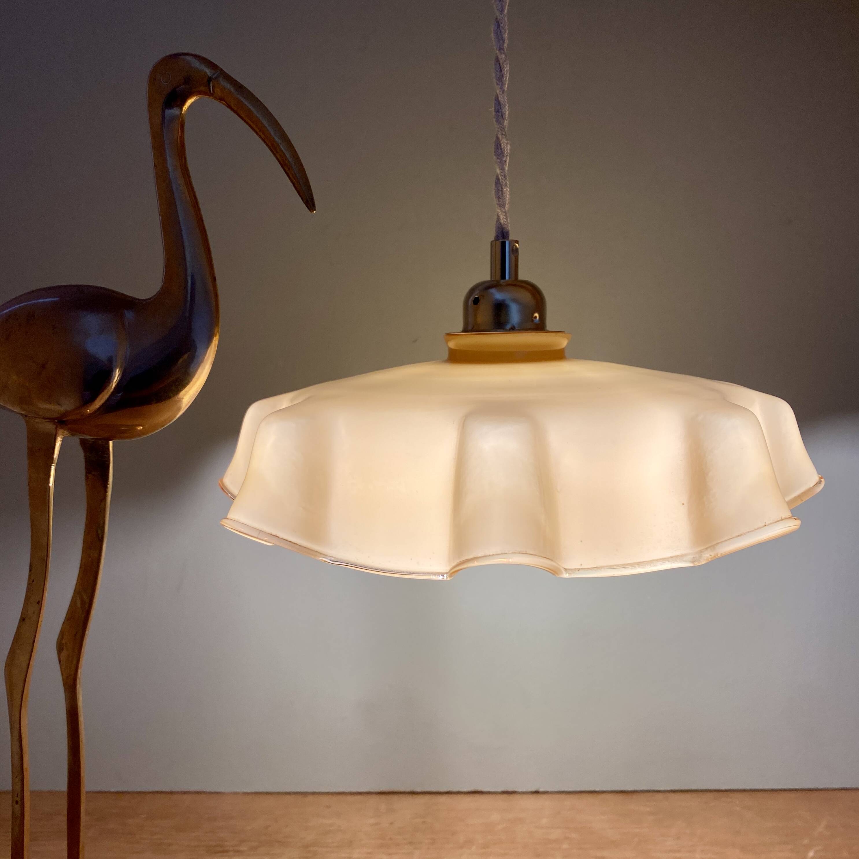 Pendant lamp with old yellow opaline lampshade