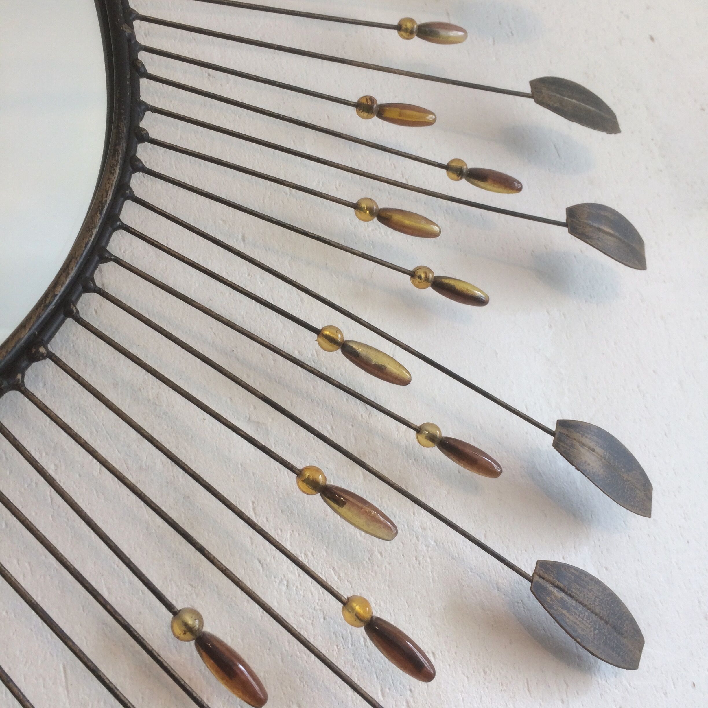 Mirror Sun beads & feathers metal, 1950 - 75x75cm