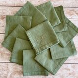 Old tablecloth and its 10 monogrammed GC towels and olive green embroidered - 225x165cm - Métis