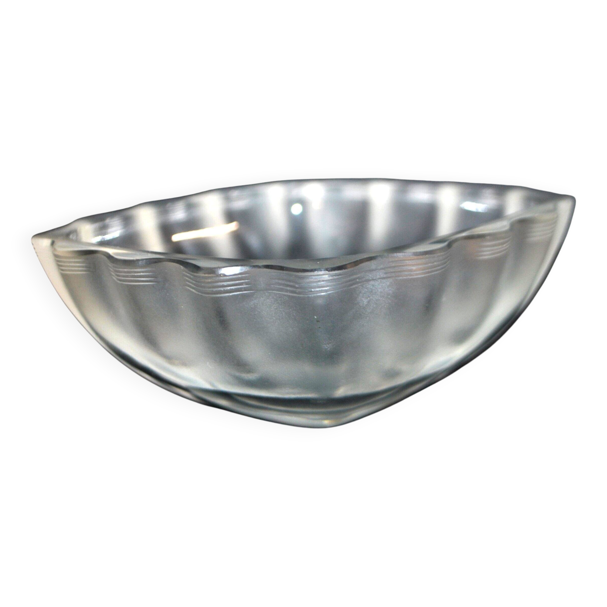 Lalique glass ashtray bowl with frosted finish, engraved with wave design, signed Lalique.