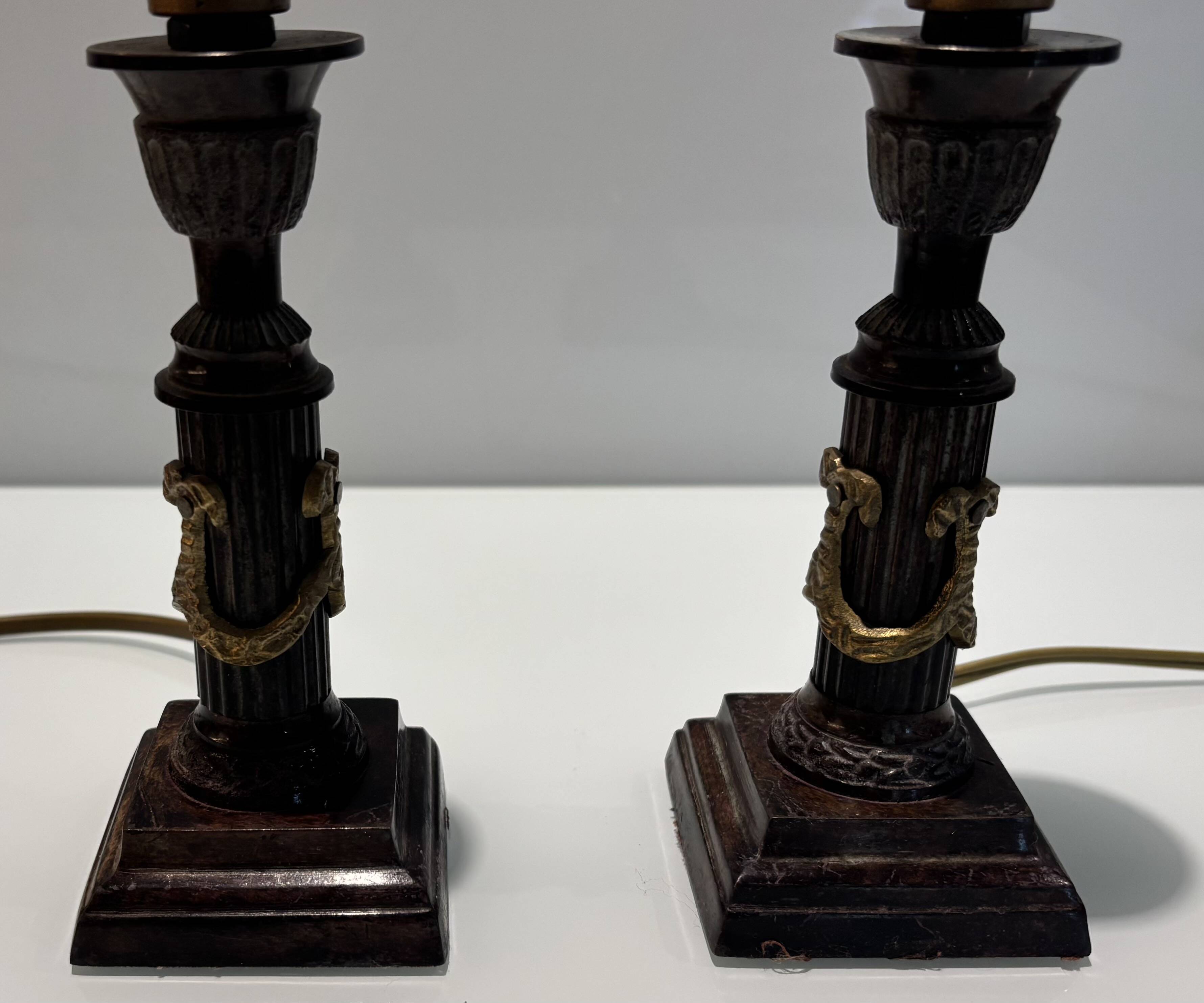 Pair of Empire Style Table Lamps with Patinated Black Bronze and Gilded Mounts