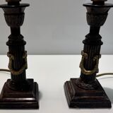 Pair of Empire Style Table Lamps with Patinated Black Bronze and Gilded Mounts