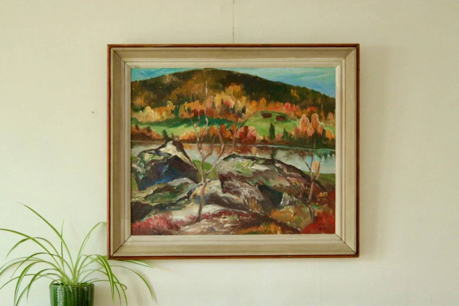 Original mid-century oil painting on Swedish canvas "Autumn Day Järvsö"