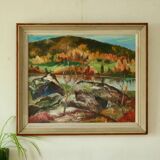 Original mid-century oil painting on Swedish canvas "Autumn Day Järvsö"