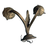 Double wall light in gold brass metal, vintage leaf pattern