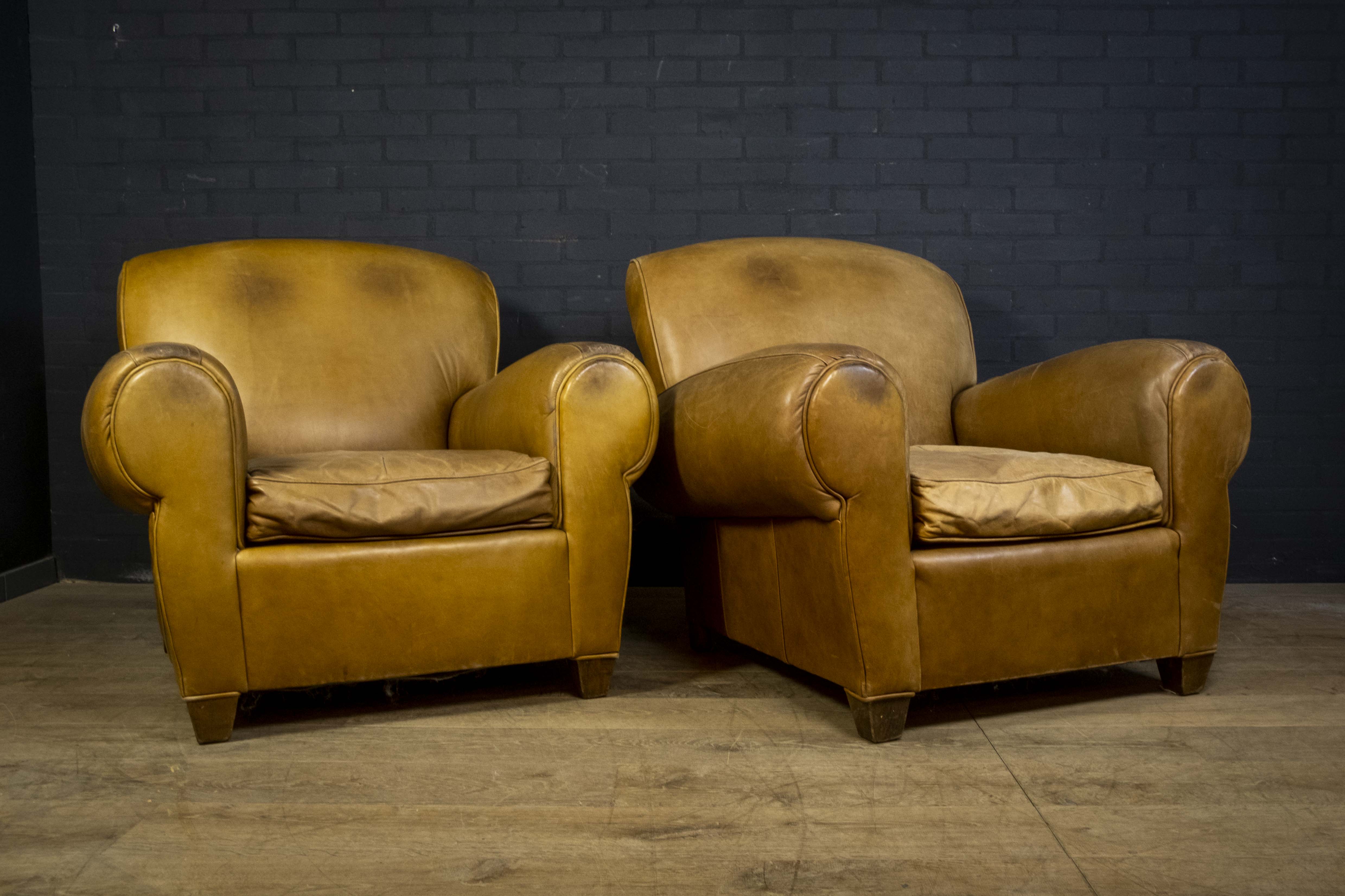 Set of leather french club armchairs