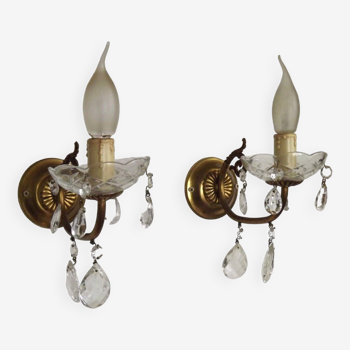 Pair French Vintage Brass Single Wall Lights Glass Bobeches & Crystal Drops 4746