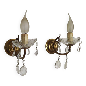 Pair French Vintage Brass Single Wall Lights Glass Bobeches & Crystal Drops 4746