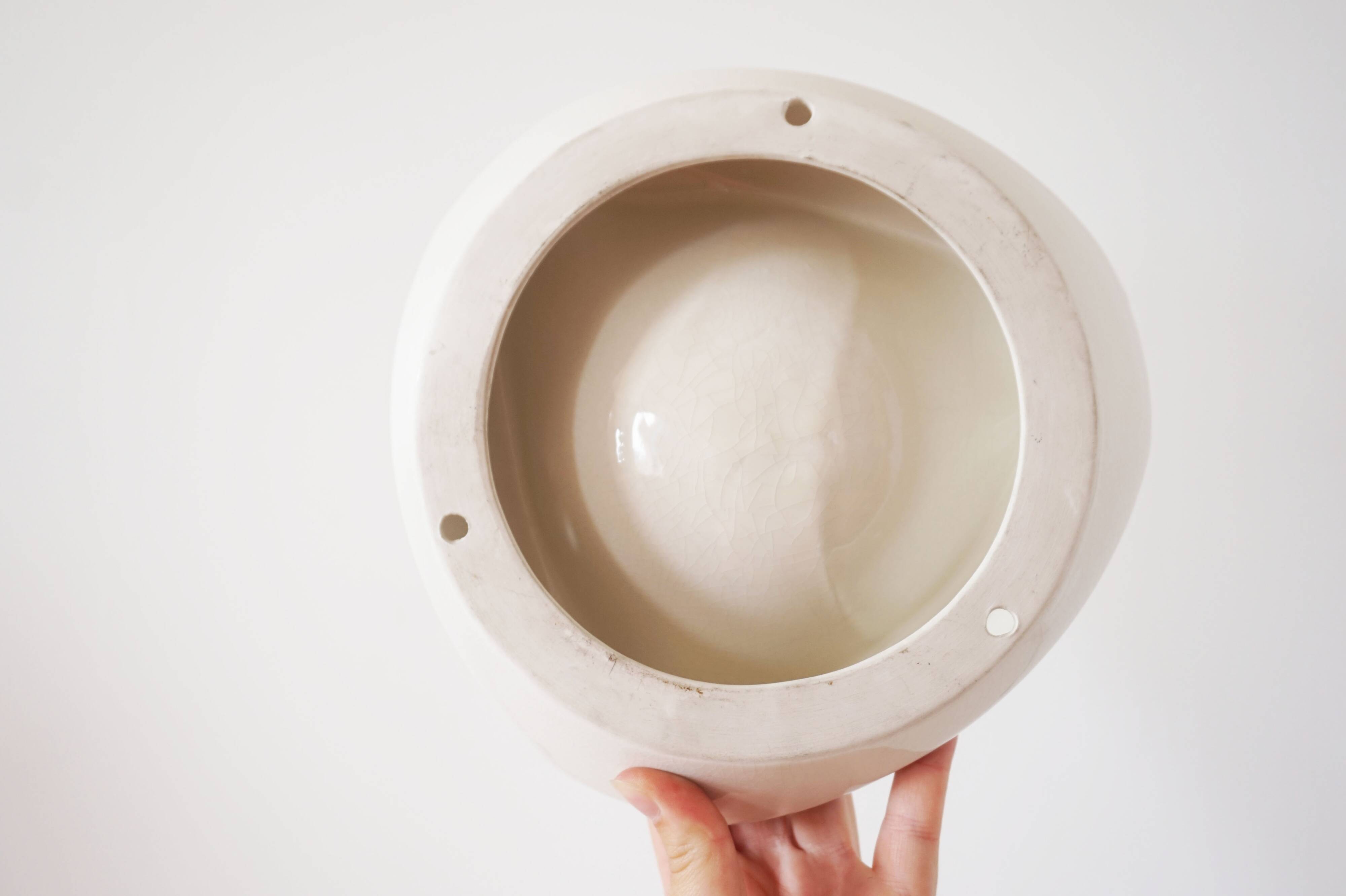 Large white and sky blue ceramic catchall from the 1950s.