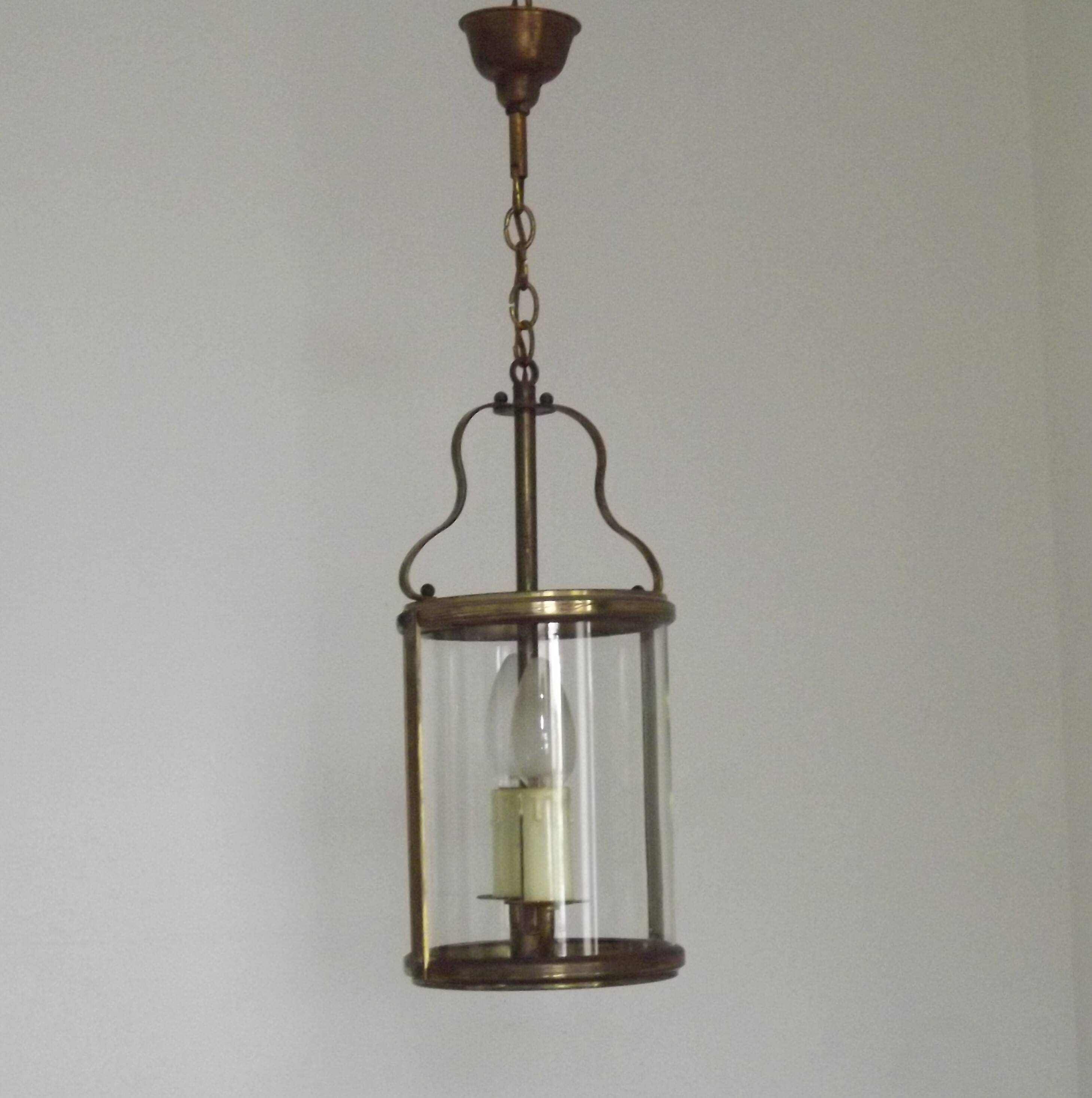 French Vintage Brass 2 Light Hanging Lantern With Cylindrical Glass Shade 4948