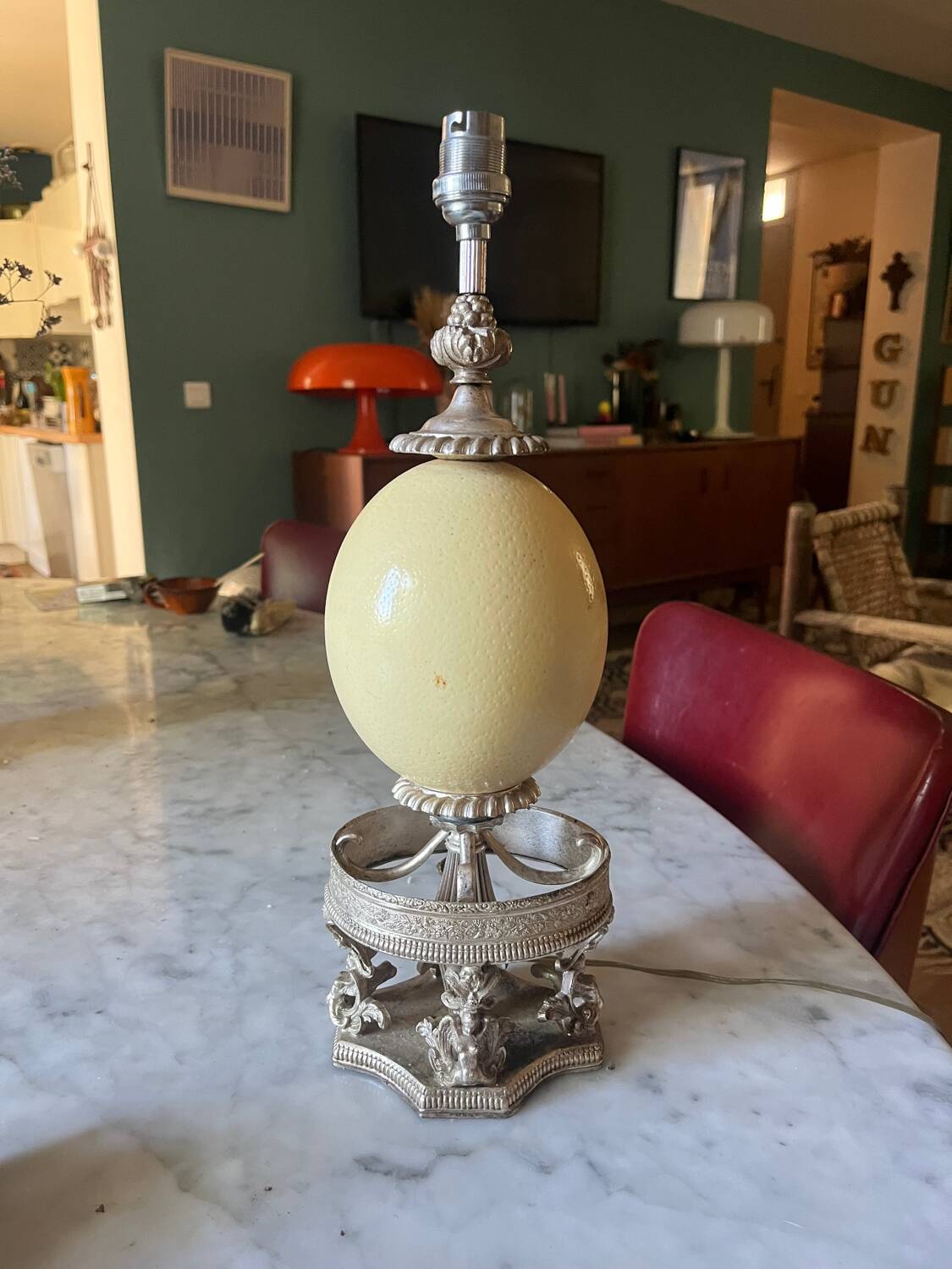 Silver-plated metal and ostrich egg lamp base, late 20th century
