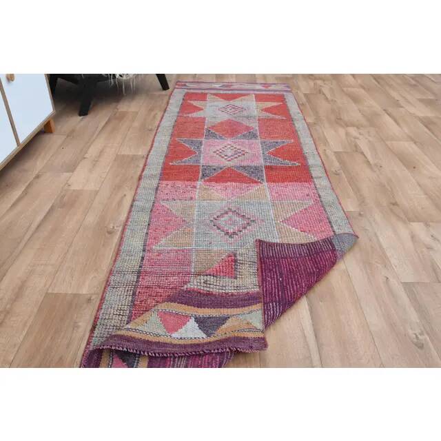 1970s Star Motif Vintage Turkish Oushak Wool Handmade Pink Runner 92x292