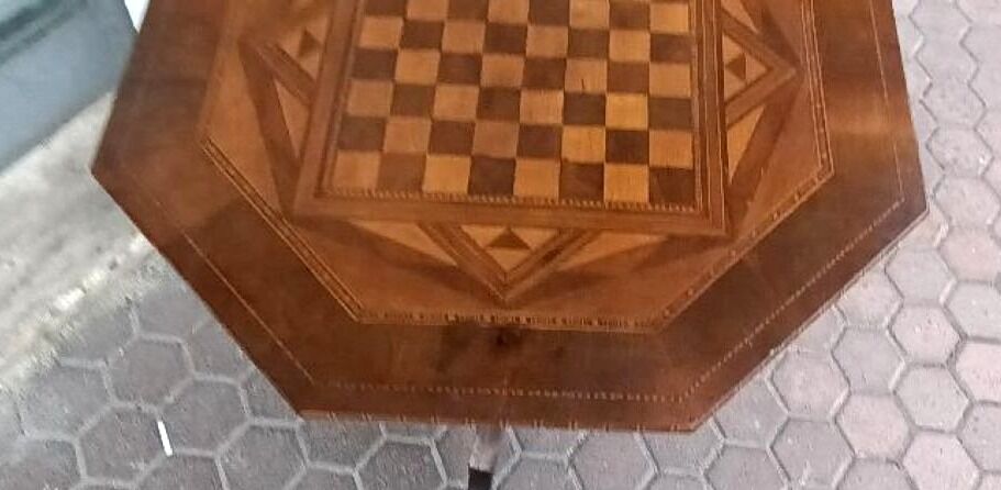 Table ancienne incrustée, jeu de dames, jeu d'échecs, Italie du XIXe siècle