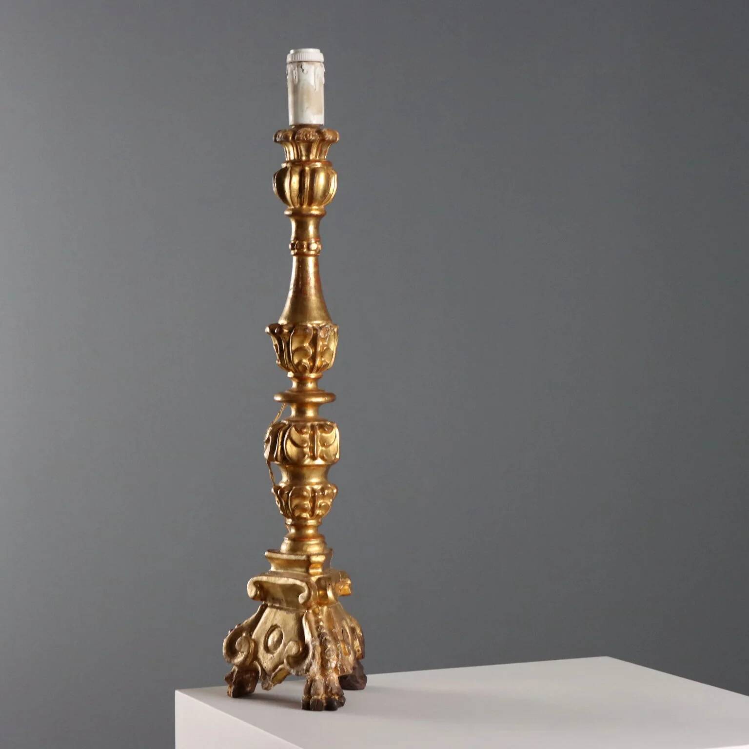Antique carved and gilded wooden candelabrum, Italy, 19th century