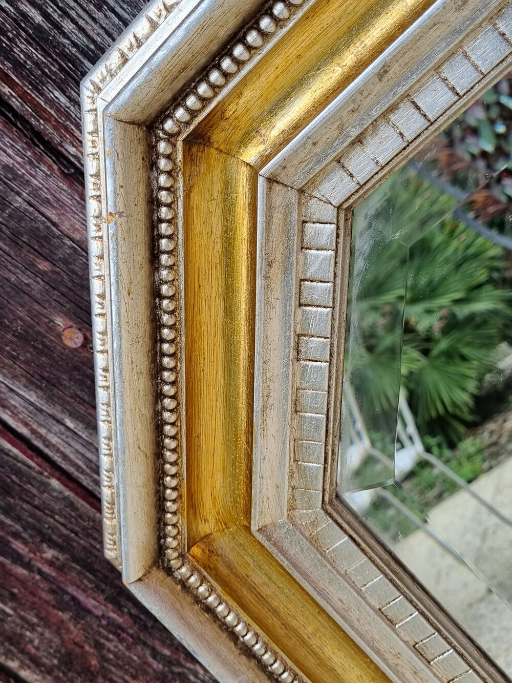 Octagonal mirror wood with frieze of oves, beveled mirror, 20s 66x86cm
