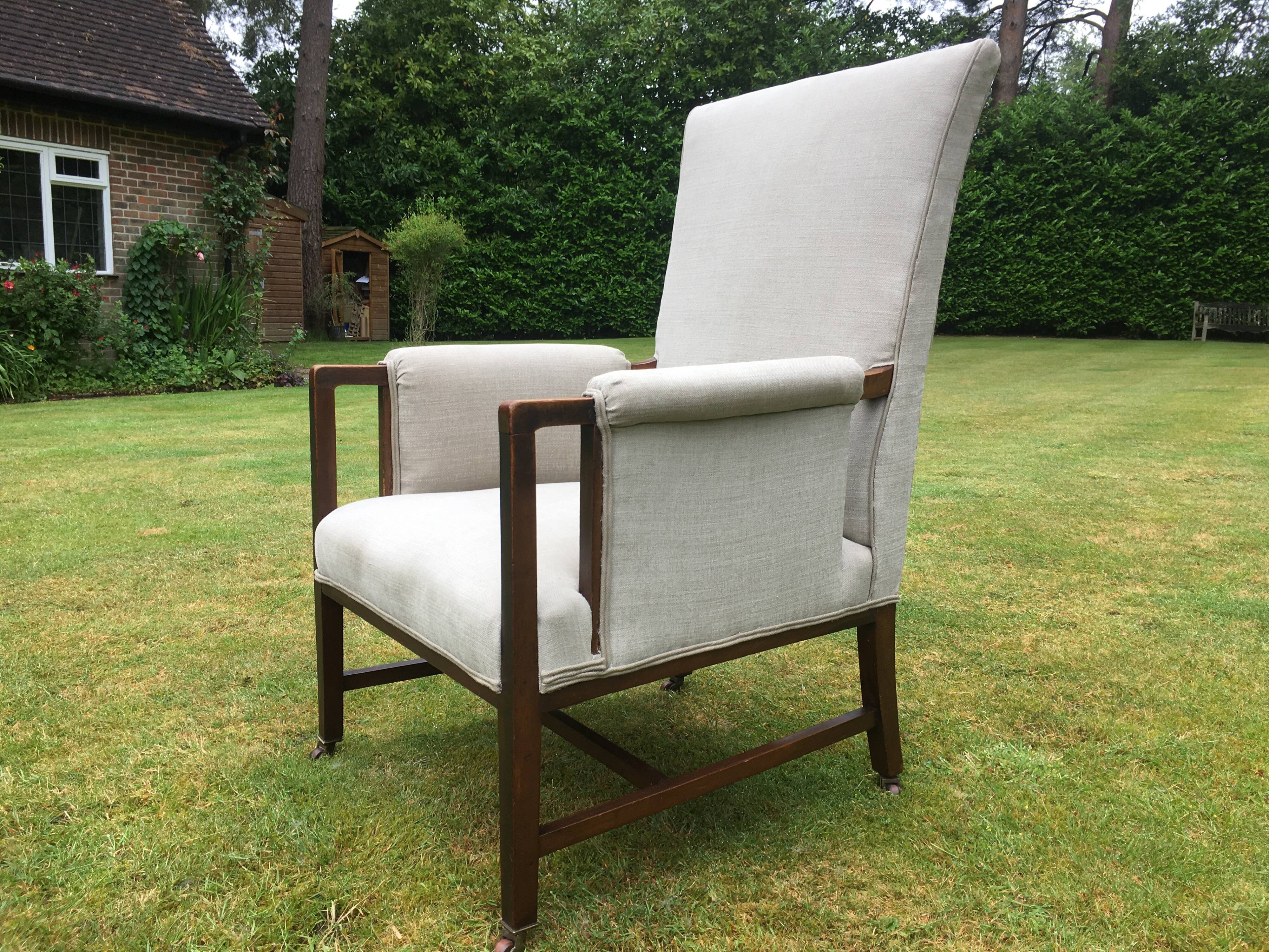 Vintage Antique Oak Reupholstered Armchair On Castors in Beige