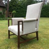 Vintage Antique Oak Reupholstered Armchair On Castors in Beige