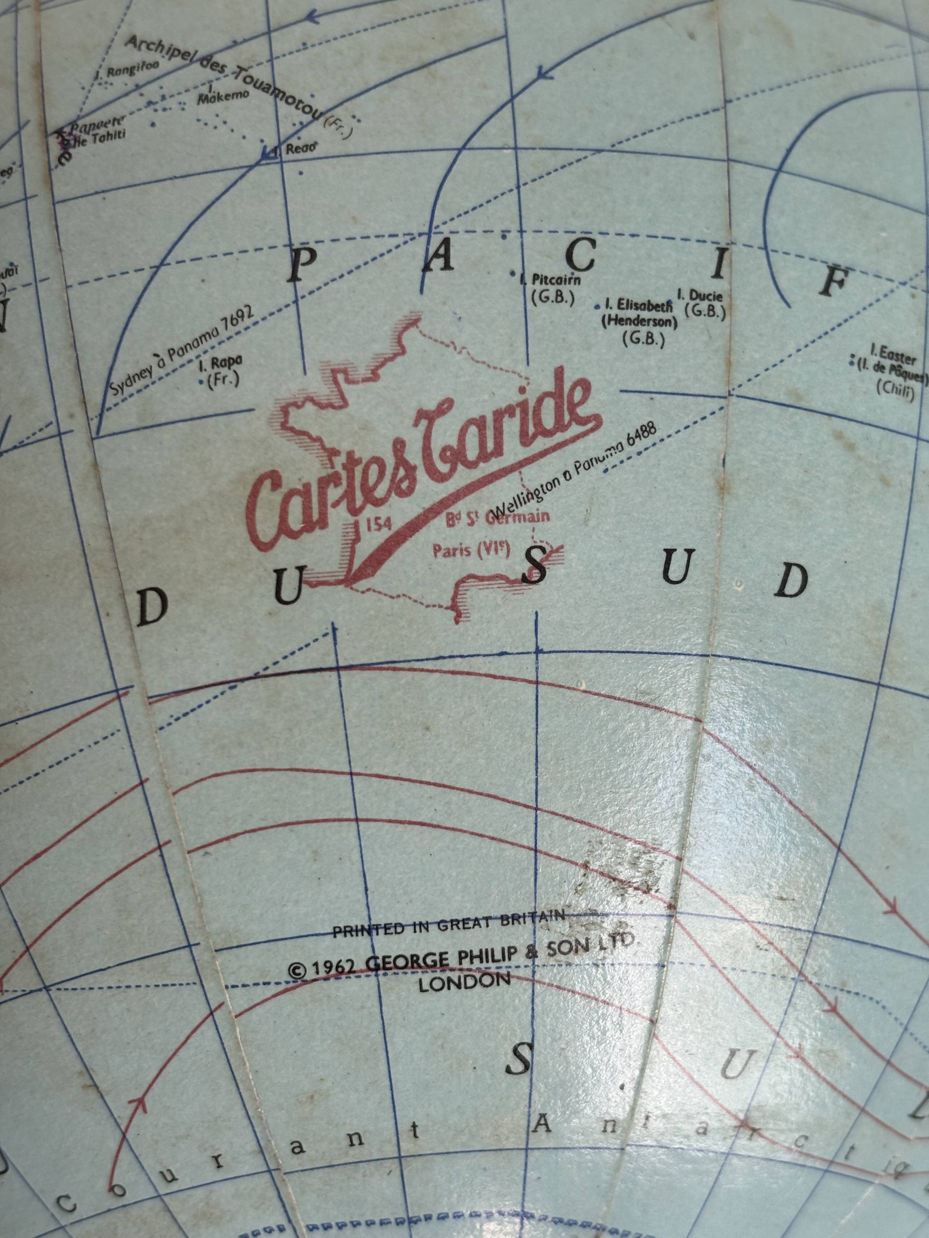 Vintage globe 1962 terrestrial world map glass tripod Taride - 28 cm