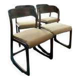 Restored - Set of 4 Baumann chairs, "Luge / Sleigh" model, 60s - Beech and cappuccino beige velvet - Scandinavian design