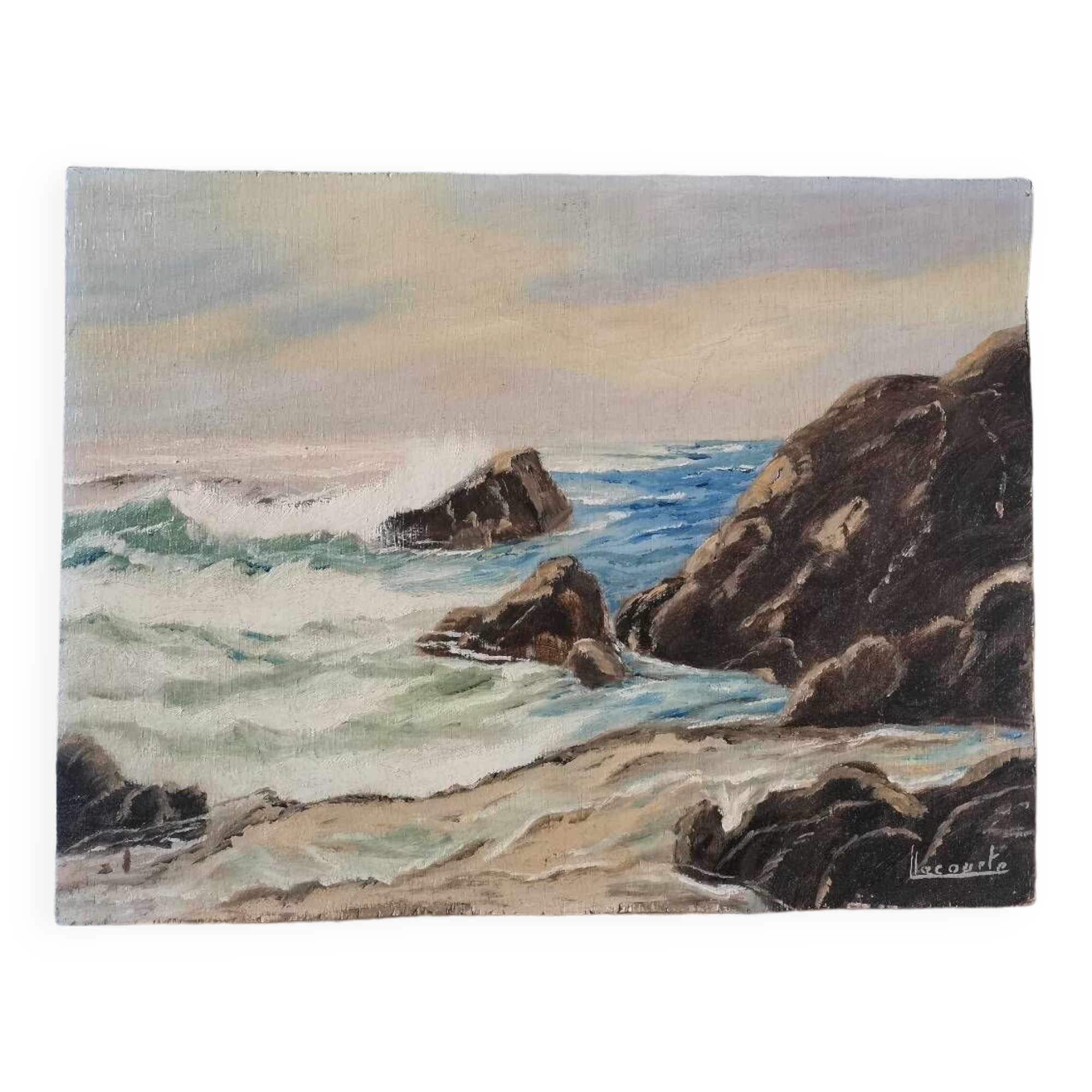 Oil painting vintage painting signed seaside landscape