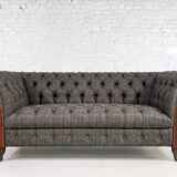 Chesterfield sofa in wood, tweed and leather