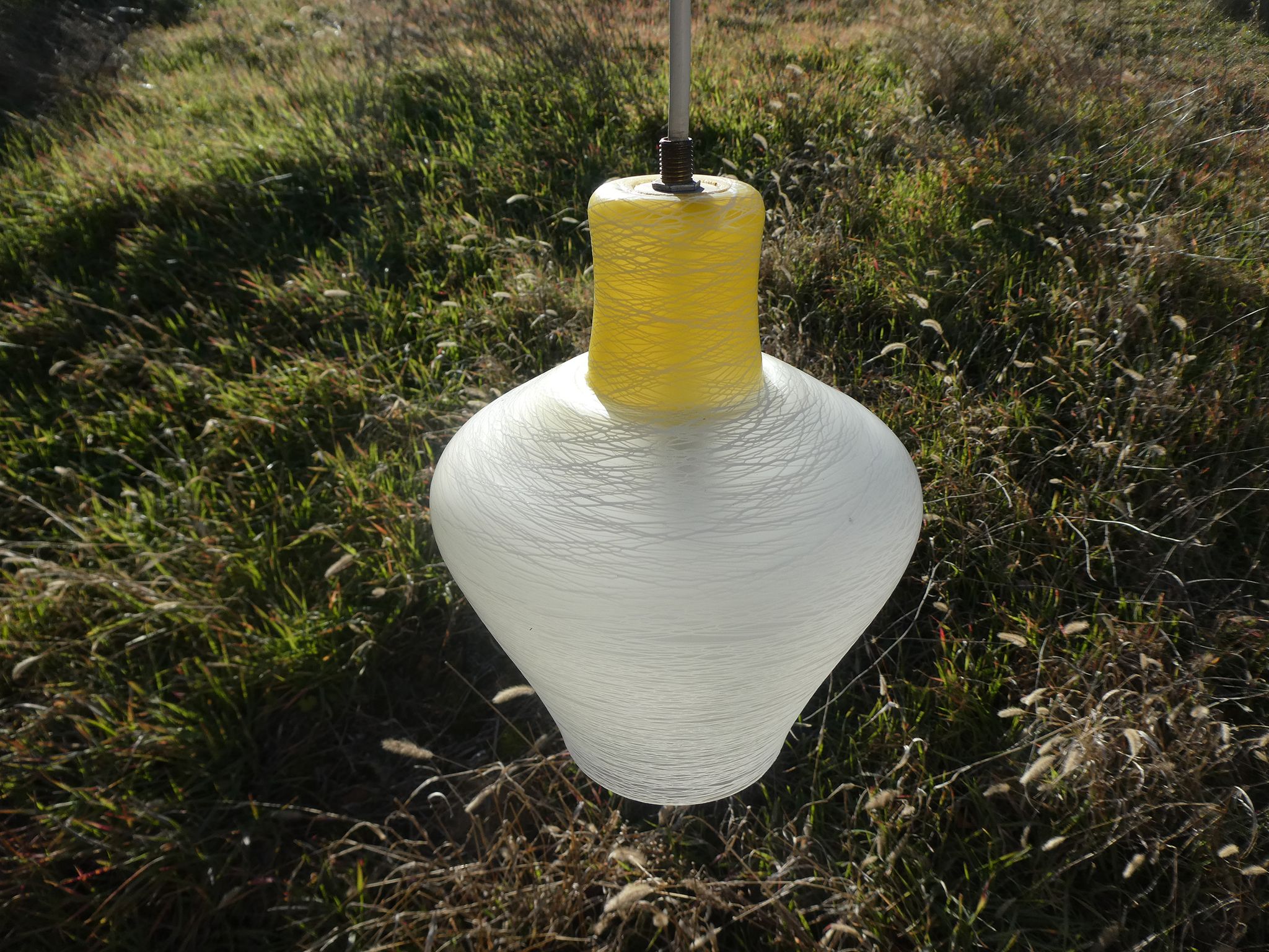 white and yellow vintage textured glass pendant lamp 50s