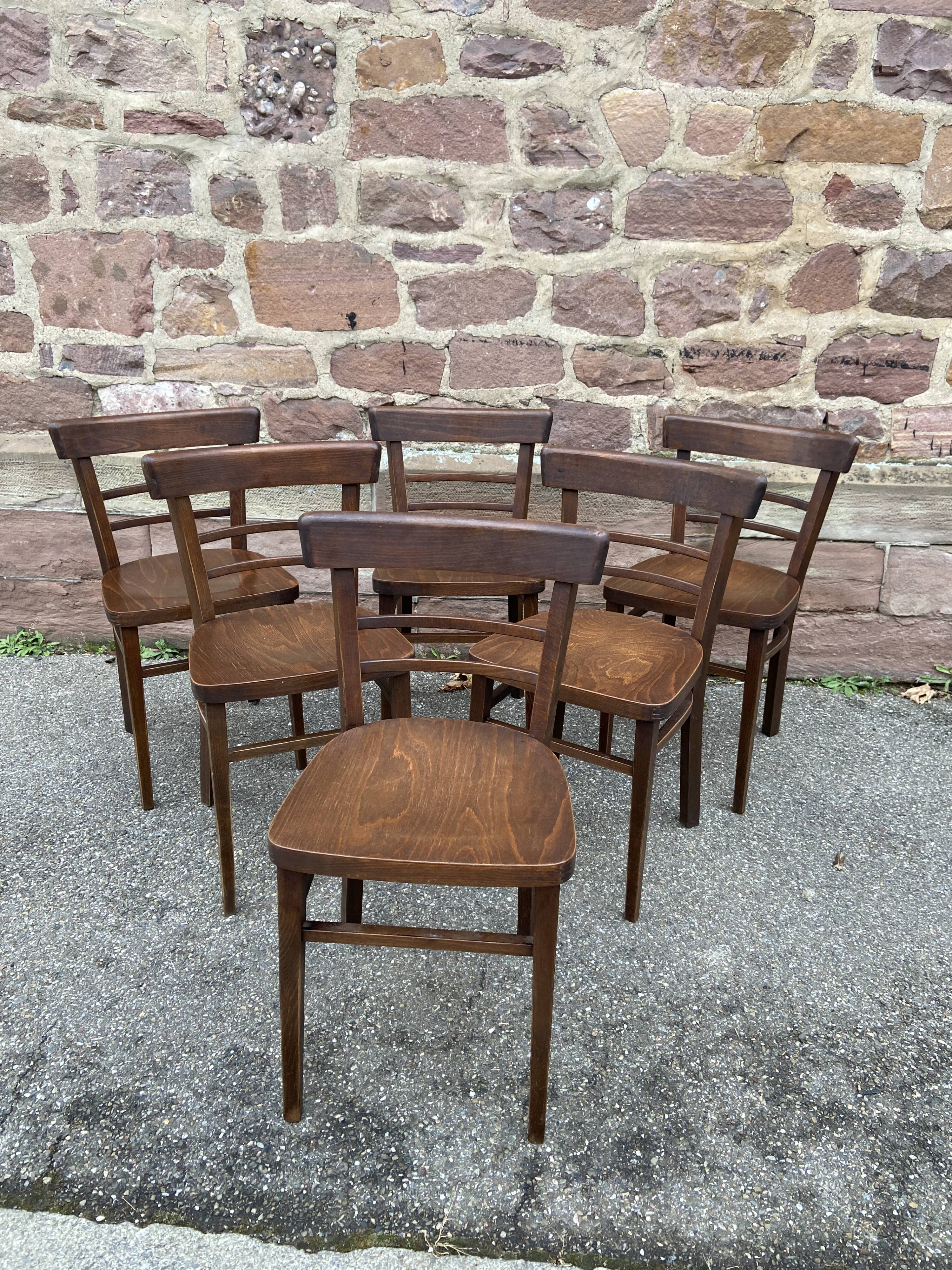 6 Viennese bistro chairs in curved wood, 1960