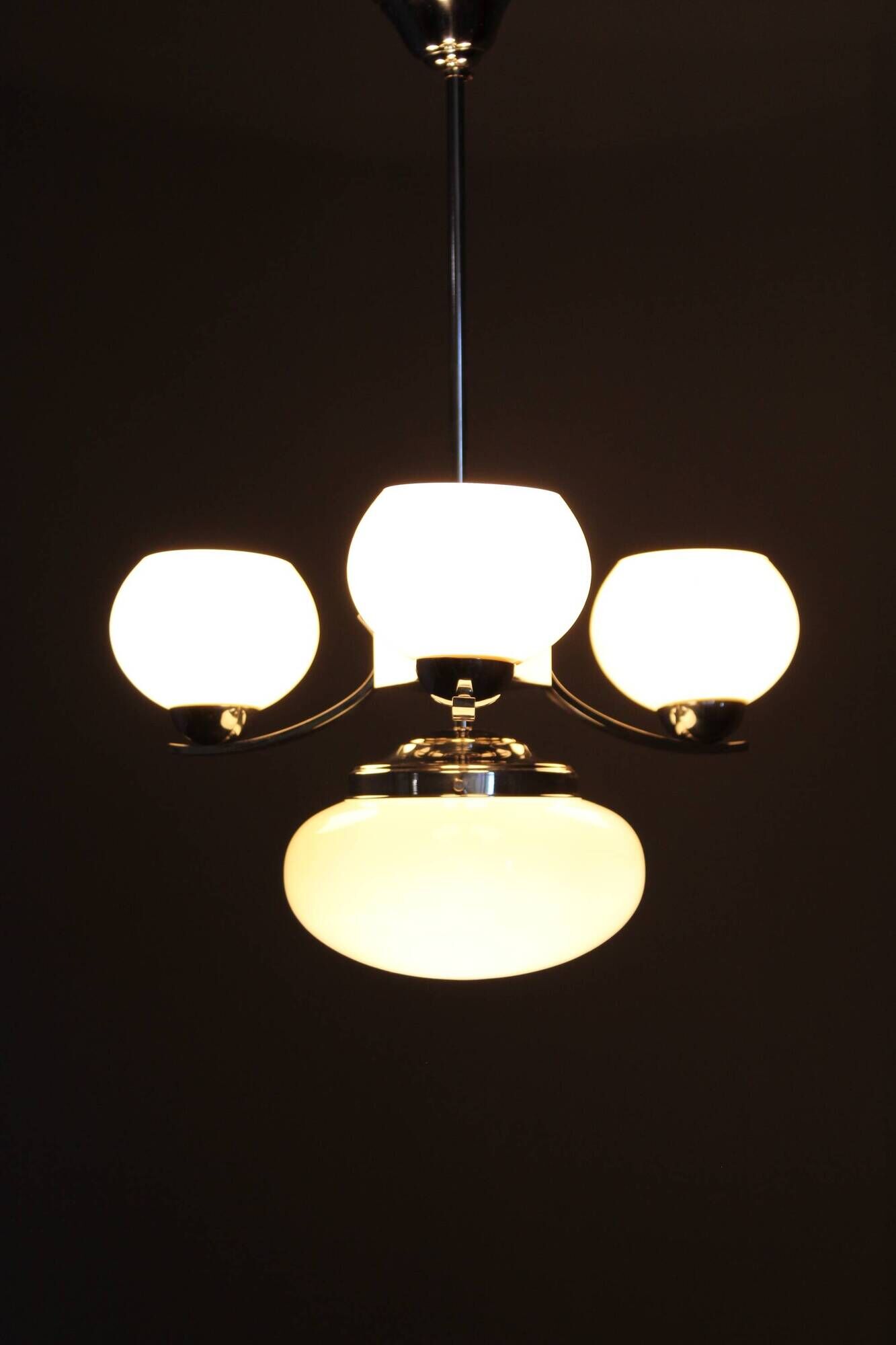 Art Deco chandelier, chrome and champagne glass, Czechoslovakia, 1930s
