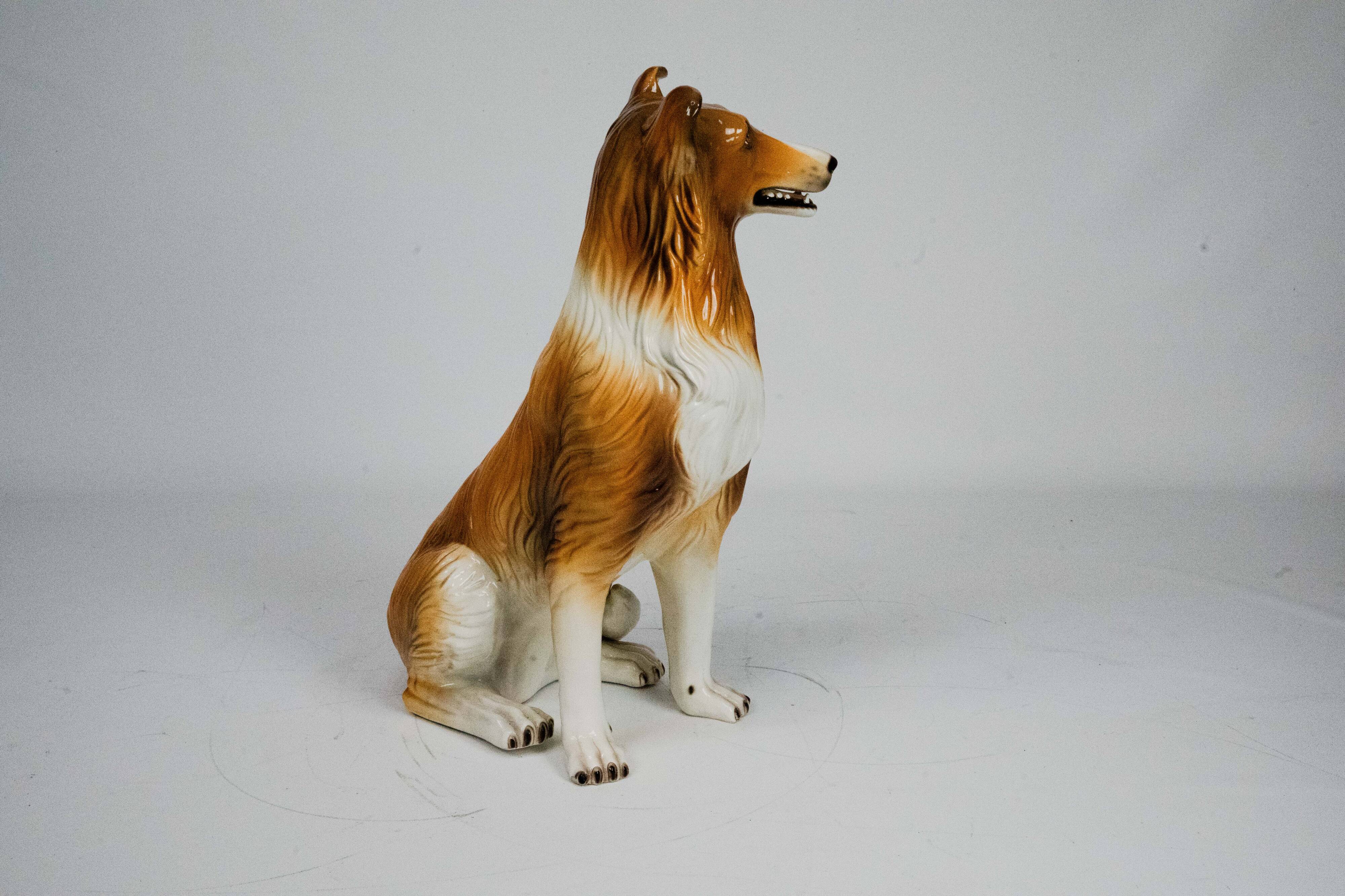 Large Italian Ceramic Sitting Collie Dog Sculpture, 1970s
