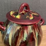 Sugar bowl, candy pot, covered pot in malicorne earthenware signed J. Guet