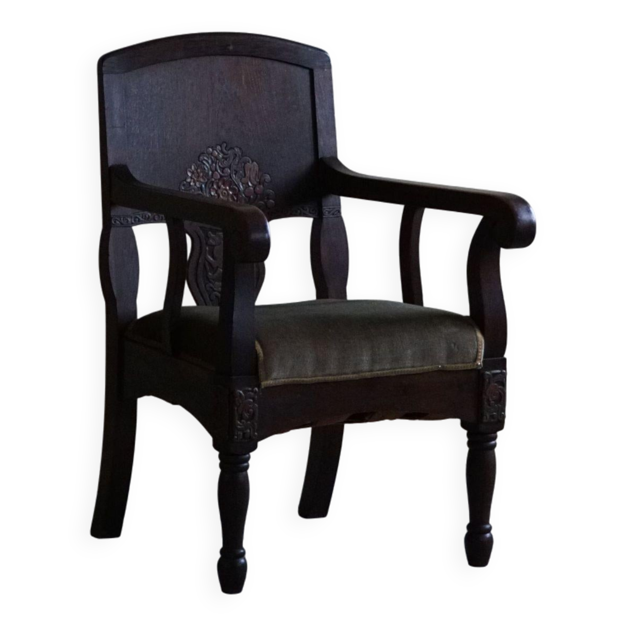 Hand-carved oak and velvet armchair, Danish furniture maker, Art Nouveau, 1939