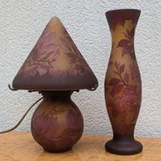 Signed lamp and vase, Tip Gallé – Acid-etched glass – Art Nouveau