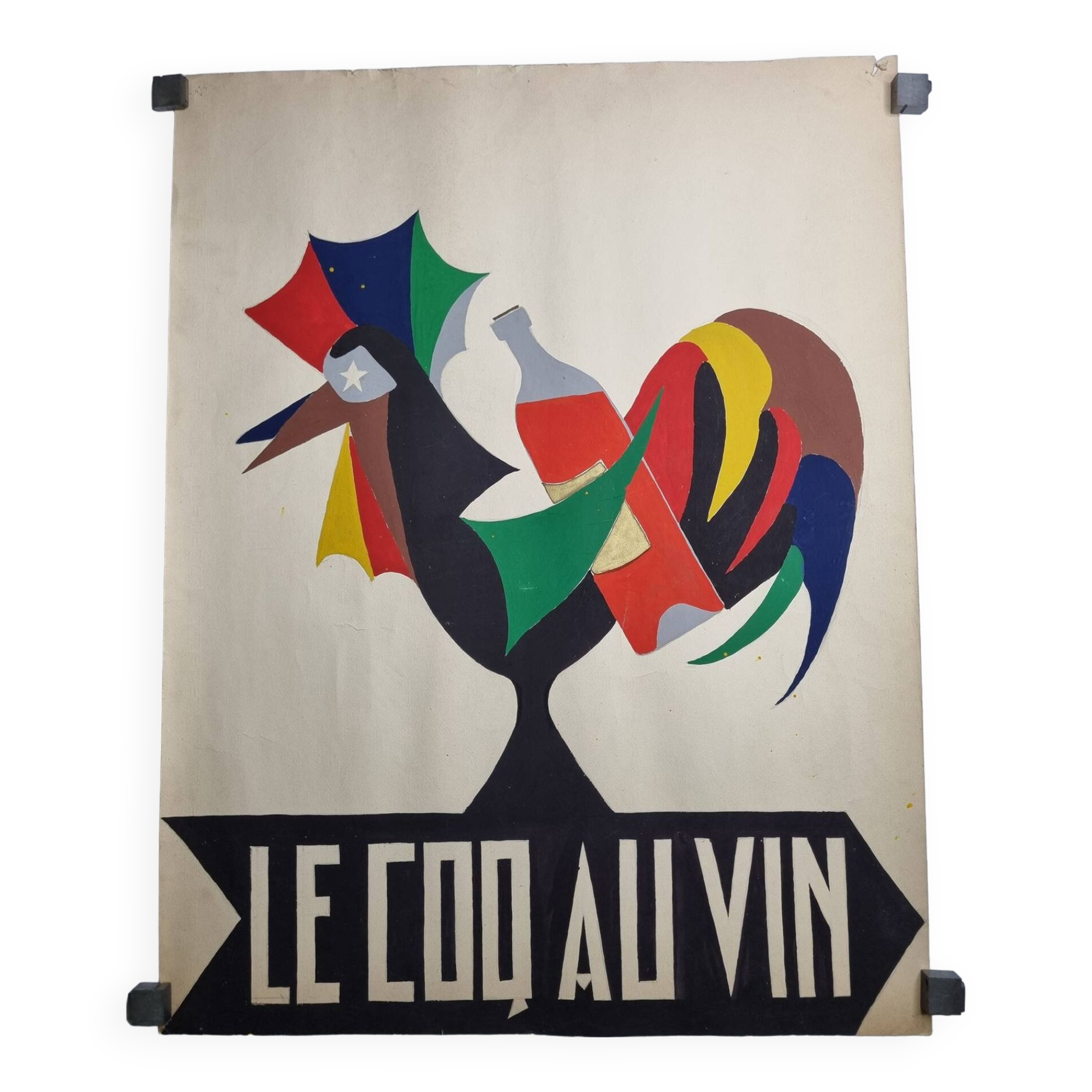 Affiche originale vintage peinte à la Main "Coq au Vin", années 50-60