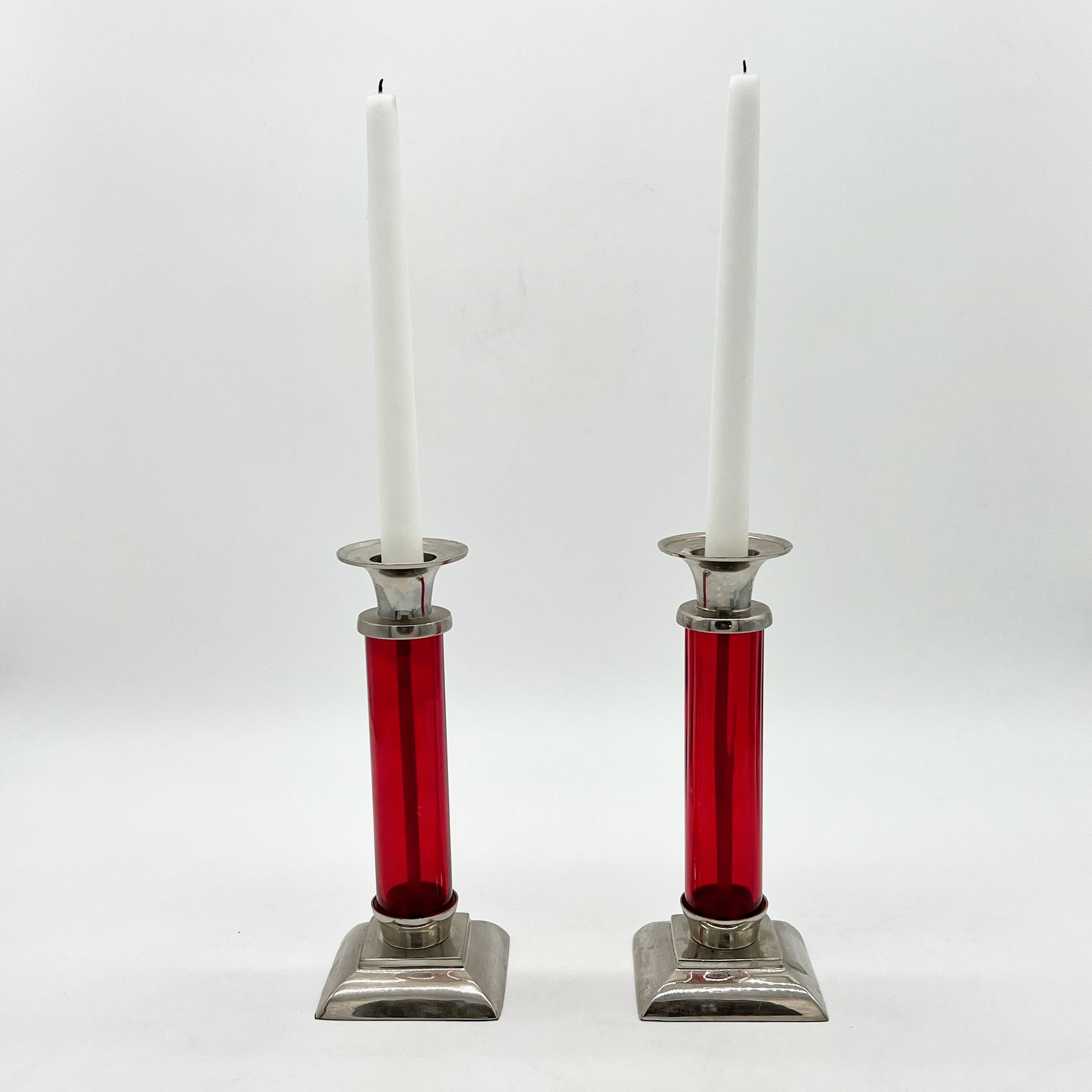 Pair of post-Bauhaus red candlesticks, 1930–50