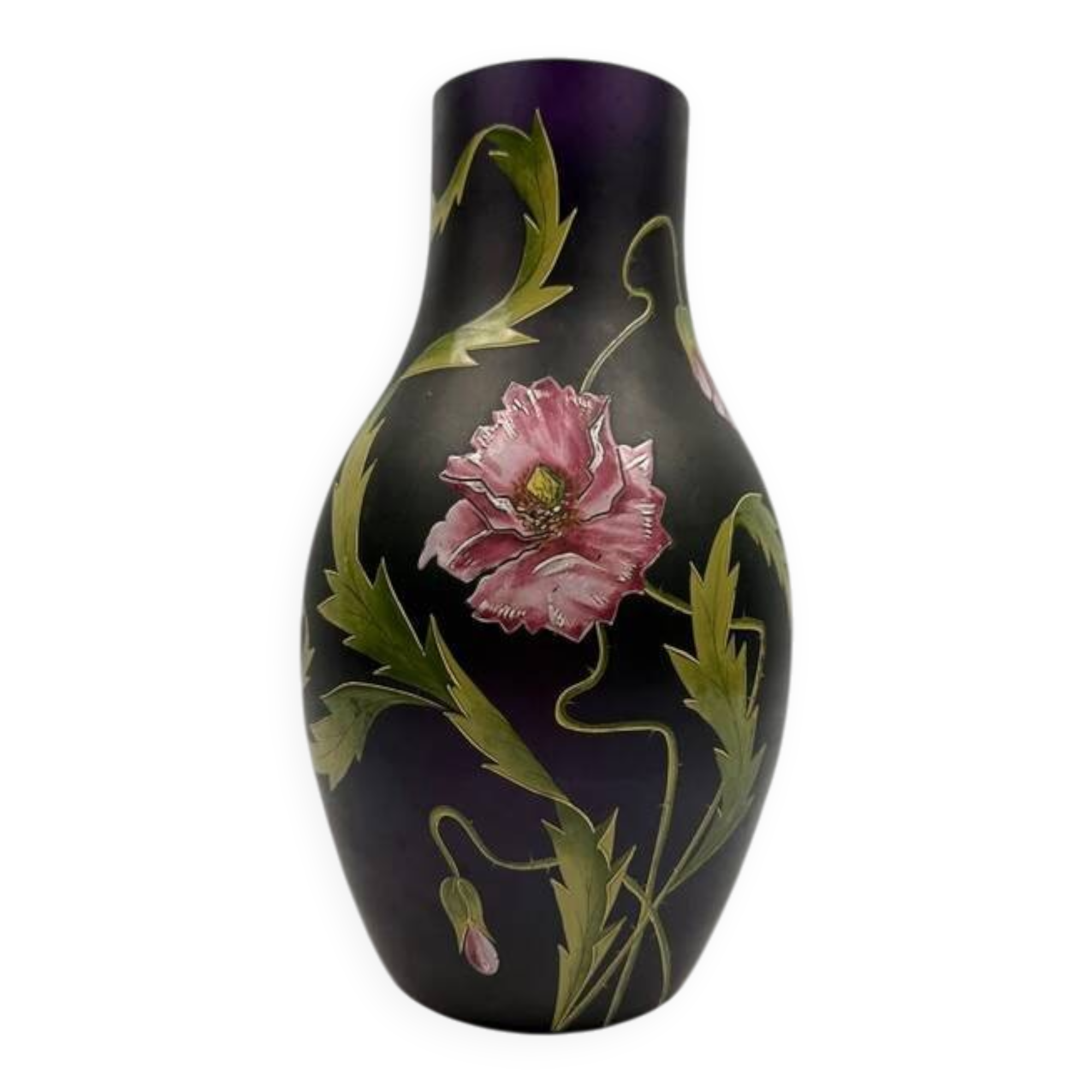 Art Nouveau vase in purple enamelled glass with poppy decoration, Poschinger circa 1900