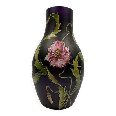 Vase Art Nouveau en verre émaillé violet décor de pavots, Poschinger vers 1900