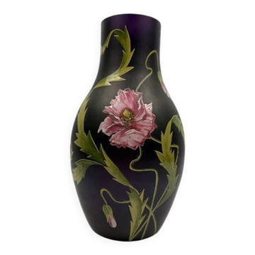 Vase Art Nouveau en verre émaillé violet décor de pavots, Poschinger vers 1900
