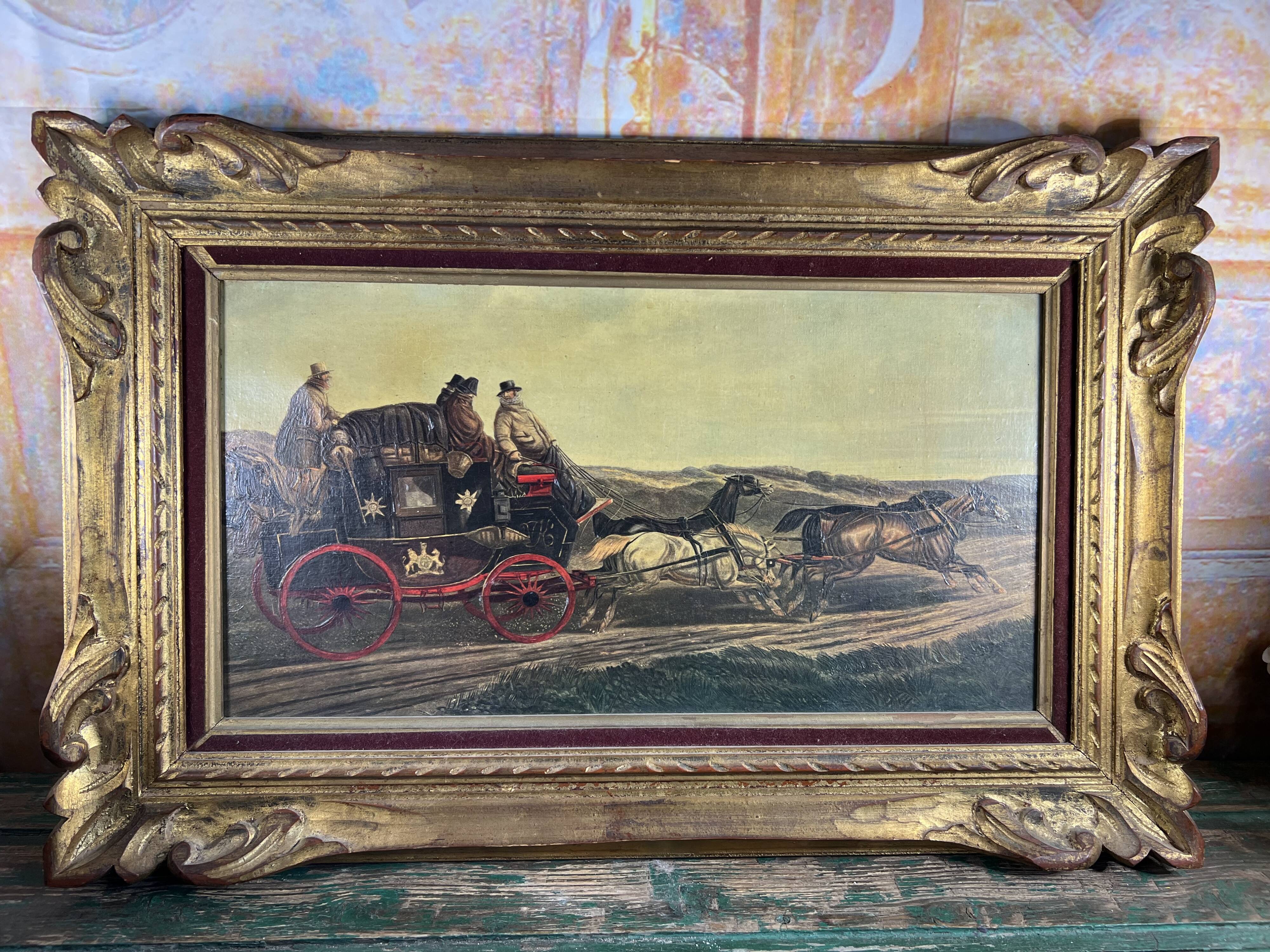 Oil painting picture of a post carriage with horses