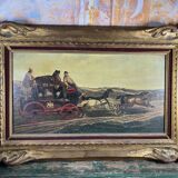 Tableau peinture huile calèche de la poste avec chevaux