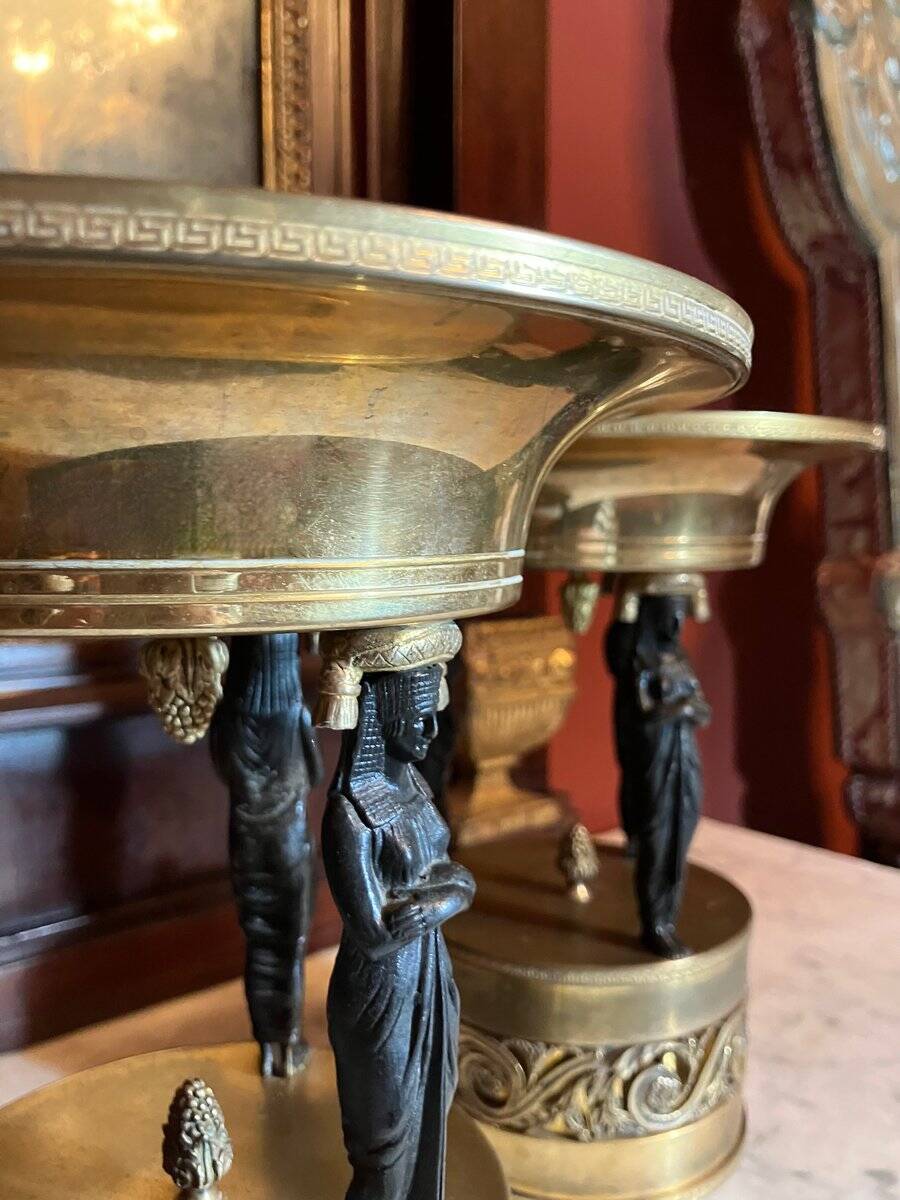 Italian Empire Bronze and Brass Tazzas with Sphinxes, 1800s, Set of 2